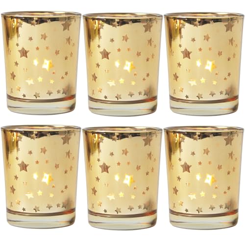 Mercury Votive Candle Holder Set of 6 for Christmas Table Decoration, Star Design Gold Mercury Glass Tealight Candle Holders, Perfect for Home, Parties, and Wedding Décor - color: Gold