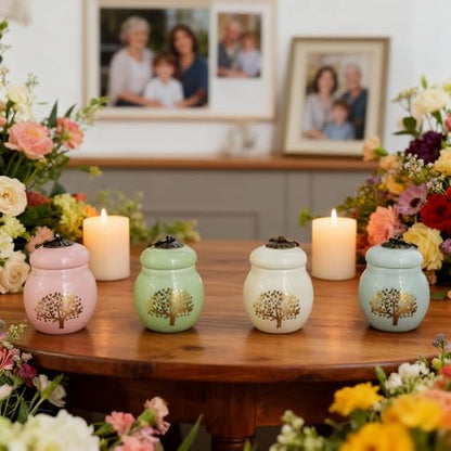 4 Pack Small Ceramic Keepsake Urns for Human Ashes, Tree of Life Pattern | Including 4 Independent Gift Boxes, Mini Cremation Urn, Sympathy Gift, For Families Sharing Remains, Sealed Well