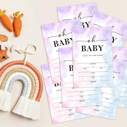 Oh Baby! Baby Shower Invitations for Boys Girls, Tie-Dye Baby Announcement Invite Cards, 25 Set of Fill-in Invites with Envelopes, Gender Reveal Party Supplies -B10 - color: Tie-Dye-Oh Baby