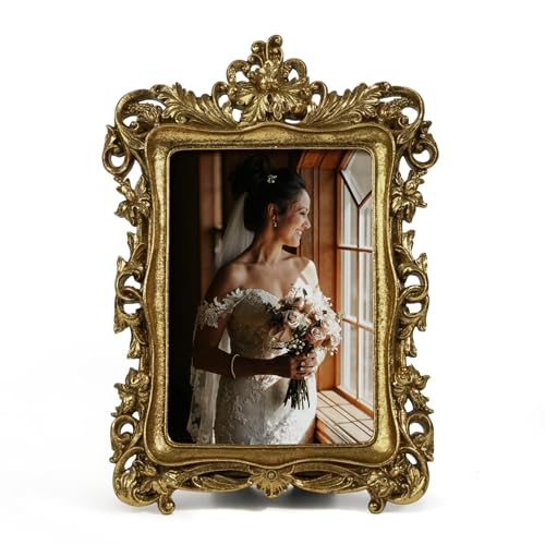 4x6 Gold Baroque Vintage Picture Frame with Stand and Real Glass | Resin Photo Frame for Vintage Wall Art Print Oil Paintings Memorial Portraits,Elizabeth Frames for Nightstand End Table Decor - color: S002-Gold, size: 4x6"
