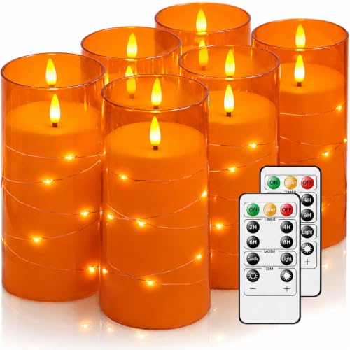 Orange Flickering Flameless Candles with Remote Timer, 6 pcs LED Battery Operated Candles with String Lights, Halloween Fall Candles Decor for Home, Same Size D3 H6 - color: Orange