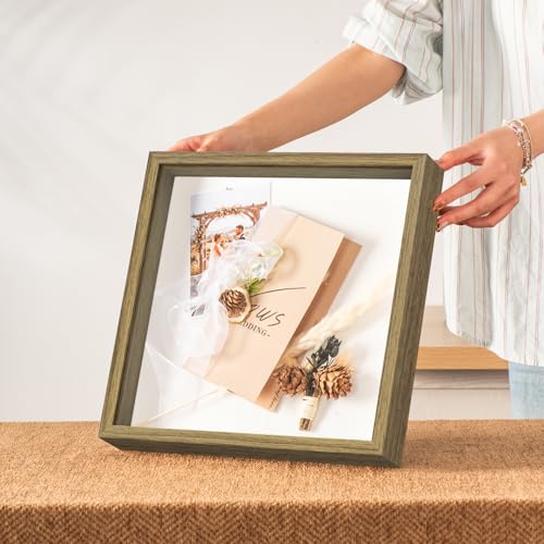 12x12 Shadow Box Frame with Ultra-Clear Glass & Soft Linen Back | With Push Pins and Stand, Deep 1.5" Brown Shadow Box Display Case – Display on Tabletop or Wall for Photo, Wedding, Keepsake - color: Brown+high Definition Panel + Shatter-proof Packaging,
