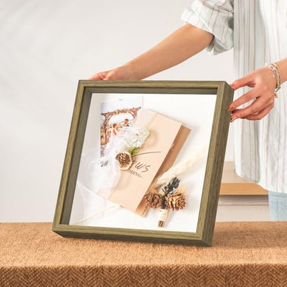 12x12 Shadow Box Frame with Ultra-Clear Glass & Soft Linen Back | With Push Pins and Stand, Deep 1.5" Brown Shadow Box Display Case – Display on Tabletop or Wall for Photo, Wedding, Keepsake - color: Brown+high Definition Panel + Shatter-proof Packaging,