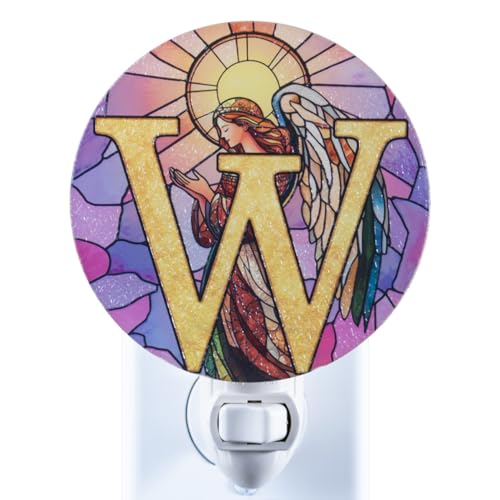 Angel Monogram Night Light – Stained Glass Styled Plug-in Wall Lamp, Victorian Inspired Letter W Design with Manual Switch & Bulb Included – Bedroom, Hallway, Nursery Gift NLA-C027 - color: W