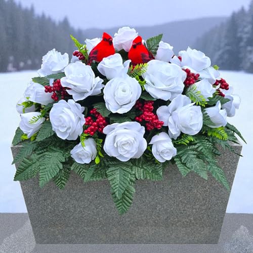 Christmas Memorial Saddle with White Roses, Red Berries, and Red Birds - Winter Memorial Flowers for Grave, Headstone, or Funeral Flowers