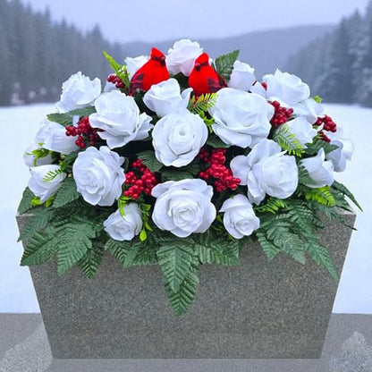 Christmas Memorial Saddle with White Roses, Red Berries, and Red Birds - Winter Memorial Flowers for Grave, Headstone, or Funeral Flowers