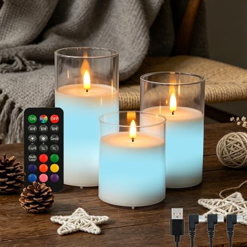 LEDHOLYT Rechargeable RGB Flameless Candles, Clear Glass LED Pillar Candle with Remote & Timer, Set of 3 — Color-Changing Decorative Candles for Living Room, Bedroom, Holiday Décor & Gifts for Women - color: White Glass -RGB
