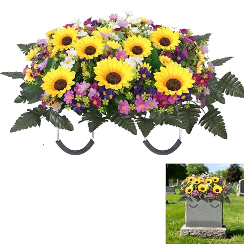 Cemetery Flowers for Grave Large Headstone Flowers Saddles Realistic Artificial Sunflower Wildflowers for Outdoor Grave Decorations (Yellow Purple, Saddle) - color: Yellow Purple