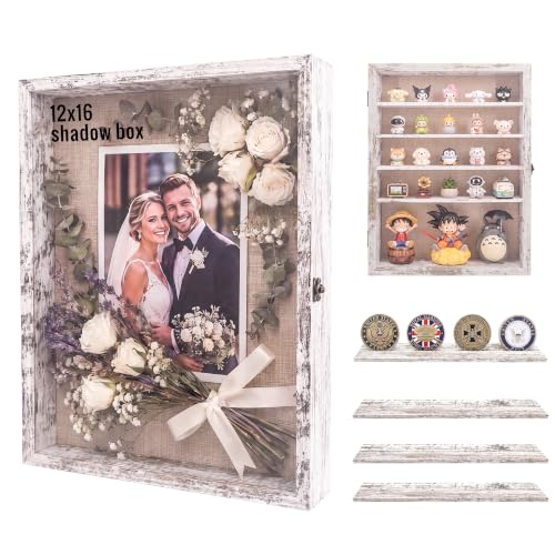 GMFrames 12x16 Wooden Shadow Box Frame with Removable Shelves Deep Display Case for Military Medals Keepsakes White - color: White, size: 12x16