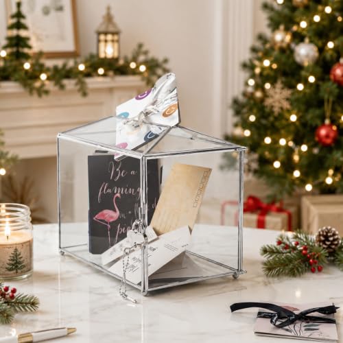 Wedding Glass Card Box with Slot and Lock, 10.2 x 6 x 8 Inch, Small Silver Geometric Cards Holder for Birthdays Party Reception, Wishing Well - Slot Length 6.3'' (Glass Box Only) - color: E-Small Silver Card Box 10.2''