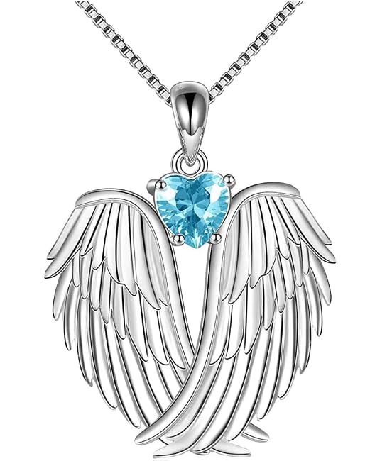 YFN Angel Wings Necklace 925 Sterling Silver Guardian Angel Wings Pendant Necklace Birthstone Necklace for Women Girls Christmas Jewelry Gifts - color: March-Blue