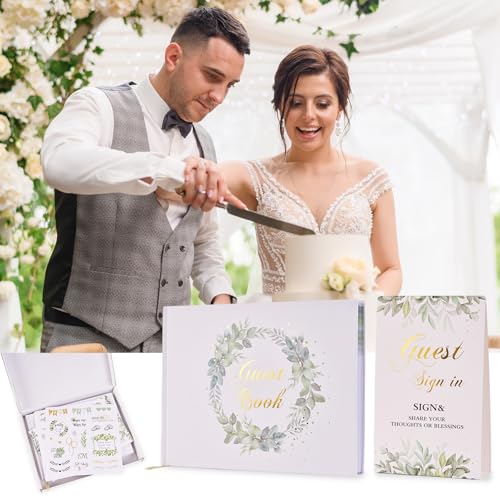 Roycraft Wedding Guest Books Set for Wedding Reception with Foil-Stamped Cover, Sign-in Card & Gift Box – Premium Guestbook for Bridal Shower, Reception, Anniversary (Gold)