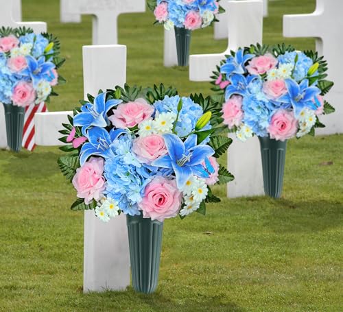 Artificial Cemetery Flowers,Memorial Flowers,Beautiful Arrangements for Headstones,Silk Hibiscus Rose Berries