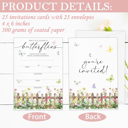 Lifetime of Butterflies Bridal Shower Invitations | Butterfly Spring Floral Bridal Shower Invites, 4x6 Set of 25 Wedding Invitations with Envelopes-A04 - style: lifetime of butterflies