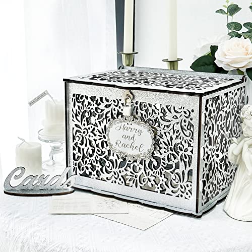OurWarm Silver Wedding Card Box with Lock, Sparkling Diamond Pattern | Wooden Card Box for Wedding, Easy to Assemble, Gift Card Box for Party, Large Size and High Capacity, 12.2 x 9.2 x 8.5 Inches - color: Silver