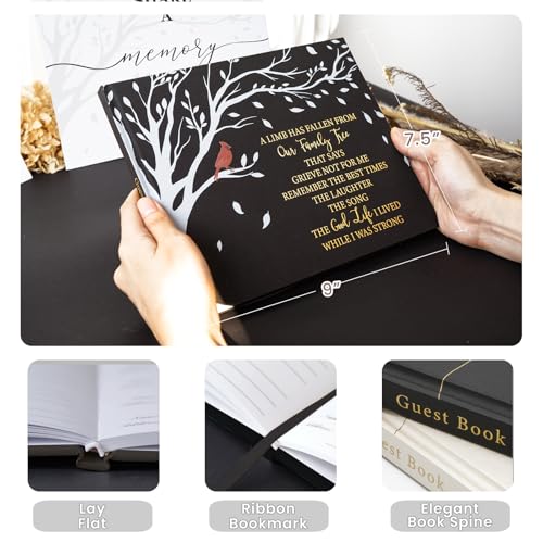 Cardinal Funeral Guest Book for Memorial Service, Memorial Sign in Book | 320 Entries, Table Sign Card Included, Gold Stamping, Twill-Textured Paper Cover, Celebration of Life Keepsake, 9x7.5" - color: Cardinal