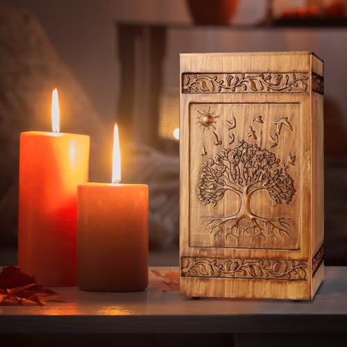 Wooden Urn for Ashes Adult Male Female, Handcrafted Large Cremation Urns Box for Human Ashes Adult Men Women, Memorial Decorative Funeral Urn with Tree of Life Carvings