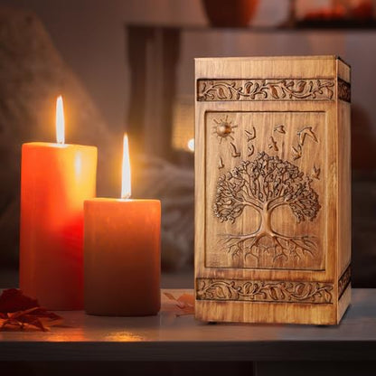 Wooden Urn for Ashes Adult Male Female, Handcrafted Large Cremation Urns Box for Human Ashes Adult Men Women, Memorial Decorative Funeral Urn with Tree of Life Carvings