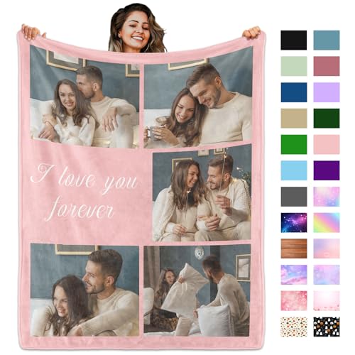 Custom Blanket with Picture Text, Personalized 5 Photo Blanket, HD Printing Customized Flannel Throw Blanket Gifts for Mom Dad Couple Girlfriend Boyfriend Wife Husband Christmas - color: 5-photo-text-02