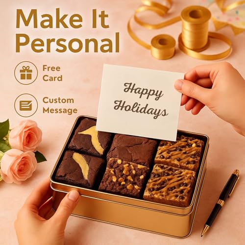 Holiday Gift Baskets - 18 Individually Wrapped Brownies Freshly Baked in a Variety of Flavors - Dulcet's Signature Flavored Fudge Brownies Christmas Gift Baskets for Families - Gift Box Comes with Season Greetings Card - style: Holiday