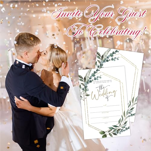 Greenery Wedding Invitations, 25 Eucalyptus & Golden Geometry Wedding Invites With Envelopes, Fill In Style Invites For Newlyweds Mr & Mrs Celebration - A04 - color: The wedding of