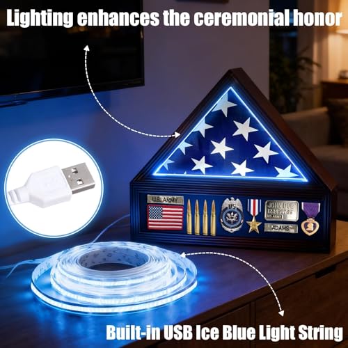 Flag Display Case, Fits Folded 3x5' American Flags (Not for Burial Flag), Military Flag and Certificate Shadow Box with LED Lights, Flag Cases for Wall Mounted or Tabletop