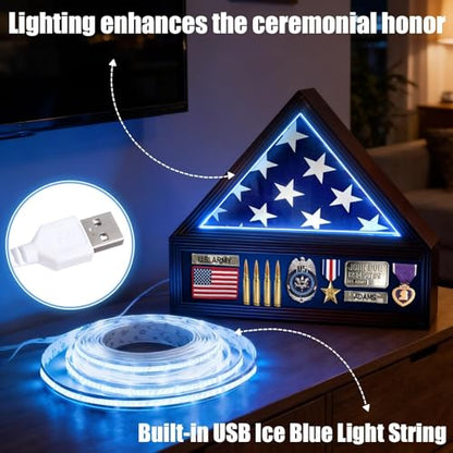 Flag Display Case, Fits Folded 3x5' American Flags (Not for Burial Flag), Military Flag and Certificate Shadow Box with LED Lights, Flag Cases for Wall Mounted or Tabletop
