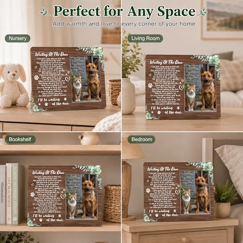 Pet Dog Cat Memorial Photo Frame - Waiting At The Door Dogs Wooden Tabletop Picture Frame - Sympathy Memorial Gifts For Loss Of Dog Cat Owner - In Loving Memory Greenery Frames Favors -03 - style: Greenery