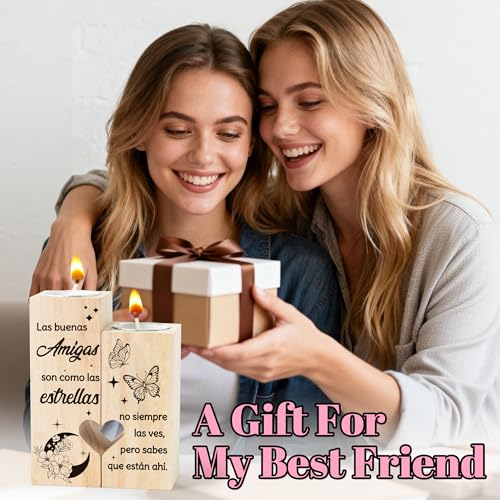 Zainpe Spanish Sister Best Friend Bestie Candle Holders Regalo para Amiga, Wooden Heart Double Sided Printing Candlestick Personalized Friendship Birthday for Mum Women Girl Soul - color: Sister & Butterfly