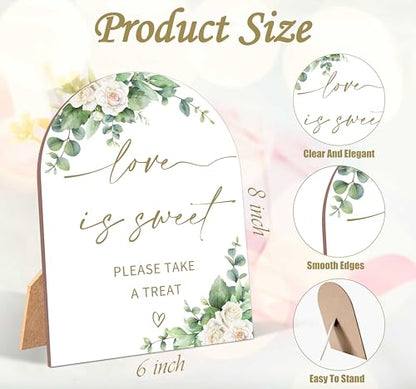 White Rose Love is Sweet Sign, Wedding Ceremony Signs, 6 x 8 Inch Arch Wooden Tabletop Sign with Stand, Wedding Reception Decoration Supplies (BJ05) - color: Love is Sweet