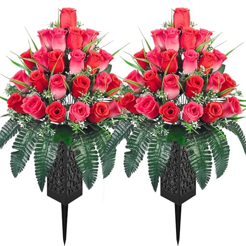 Mirevielyn 2-Pack 24-Stem Artificial Rose Cemetery Flowers with Vases - color: Red (Vivid Tribute)