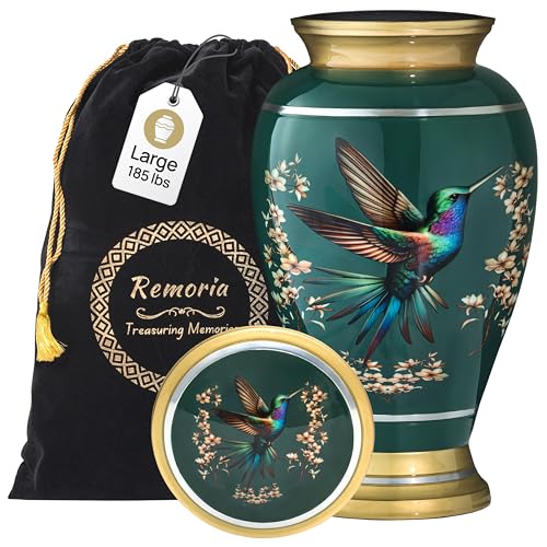 Remoria Cremation Urns for Human Ashes, Large Adult Green Hummingbird Urn | Funeral Urn for Female & Male, 185 Cu In, Gift Box and Velvet Bag Included - color: Green
