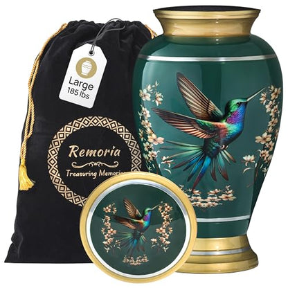 Remoria Cremation Urns for Human Ashes, Large Adult Green Hummingbird Urn | Funeral Urn for Female & Male, 185 Cu In, Gift Box and Velvet Bag Included - color: Green
