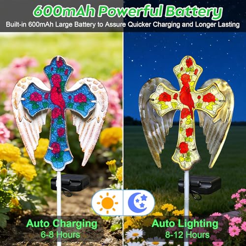 Solar Cross Lights Outdoor, Solar Cardinal Stake Lights Cemetery Decorations for Grave, Jesus Cross Sympathy Memorial Gifts for Women Mom Christmas, Glass Garden Art for Cemetery Yard Patio - style: 1 Pack Cardinal Cross