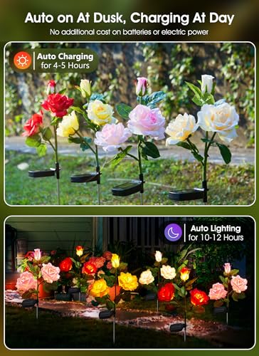 Brightown Solar Garden Lights, 4 Pack LED Rose Flower Lights Waterproof - color: Rose