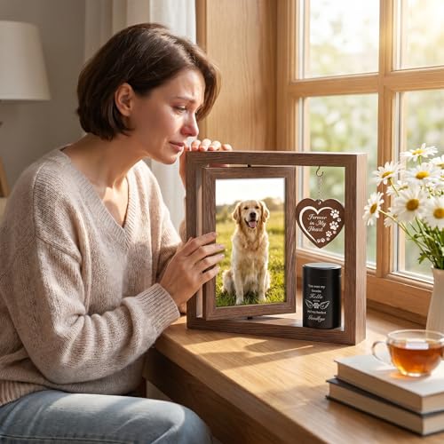 Memorial Gifts for Loss of Pet - Memorial Picture Frame and Small Urn Set - color: Rustic Brown
