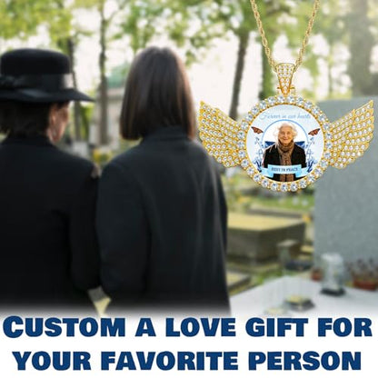 HJX Custom Circle Chain with Wings, Memorial Picture Necklace for Men Womem - color: 2-wing Memorial