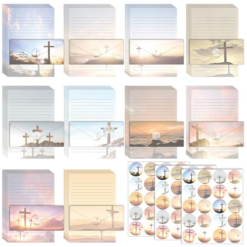 TaoBary 160 Pcs Stationery Paper Set 50 Double Sided Stationery Papers with 50 Matching Envelopes and 60 Round Dot Sticker, 10 Design(Religious Letter with Cross,8.5 x 11 Inch) - size: 8.5 x 11 Inch, style: Religious Letter with Cross