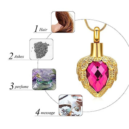 memorial jewelry Gold Angel Wings Glass Heart Urn Pet/Human Cremation Pendant Necklace Jewelry for Ashes - color: Pink