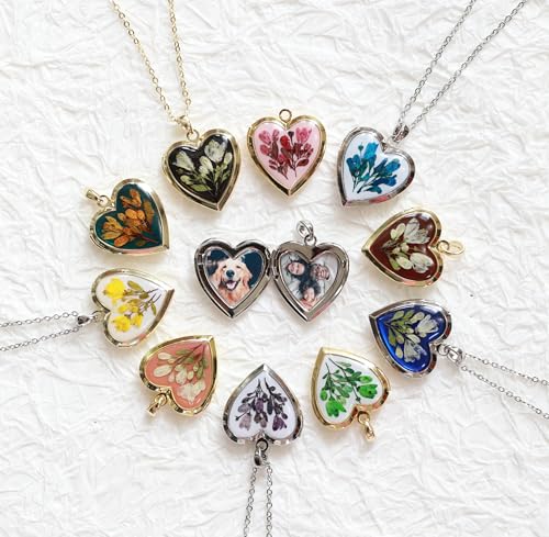 Handmade Dried Pressed Flower Heart Shaped Photo Locket Pendant Necklace - color: Silver, style: Yellow Flower on White