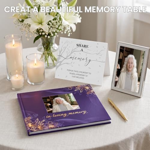 Funeral Guest Book, in Loving Memory Sign in Book with Photo Slot | 330 Entries, Table Sign Card Included, Gold Stamping, Hardcover, Celebration of Life Keepsake, 9x7.5", Purple - color: Purple Photo