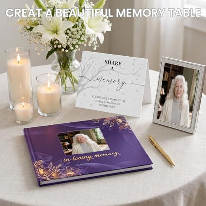 Funeral Guest Book, in Loving Memory Sign in Book with Photo Slot | 330 Entries, Table Sign Card Included, Gold Stamping, Hardcover, Celebration of Life Keepsake, 9x7.5", Purple - color: Purple Photo