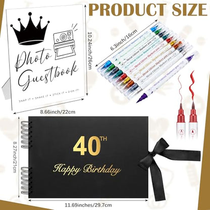 AmazingSpark Birthday Guest Book Set Memory Photo Guest Book Black Gold Decoration Birthday Gift for Men Women Wood Signature Photoprop Party Supply Sign Picture Album for Party Event(40th) - size: 40th