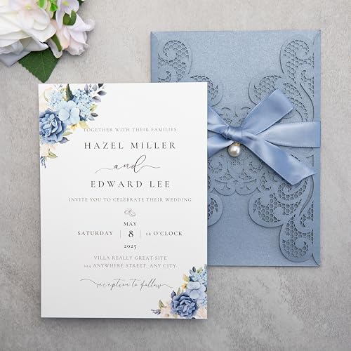 20Pcs Personalized Wedding Invitation, Customized Dusty Blue Laser Cut Invitation Cards With Envelopes Rhinestone Pearls and Ribbons For Wedding XV Anos Quinceanera Invitation - color: 20pcs-Customized Dusty Blue