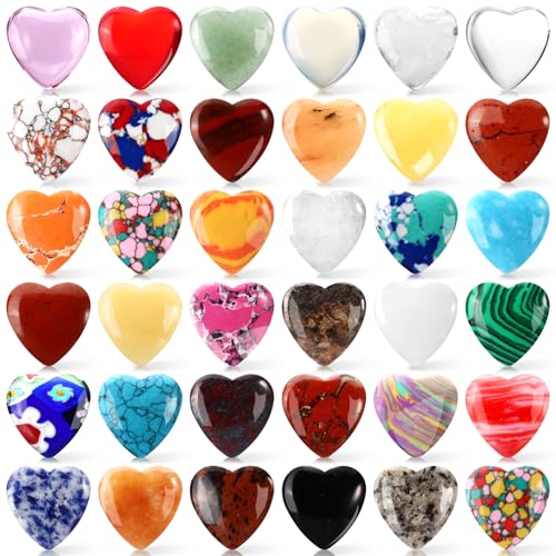 100PCS Worry Stones Heart Shape Healing Crystals, Anxiety Crystal Bulk 0.8 Inch Gem Stones Rocks Crystals Natural Cute Pocket Meditation Heart Beads Wholesale Set Gifts