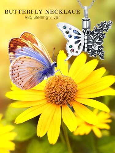 Flower Butterfly Urn Necklace for Ashes 925 Sterling Silver Urn Necklace Keepsake Cremation Jewelry Memorial Gifts for Women Loss Loved One - color: 01-butterfly Daffodil