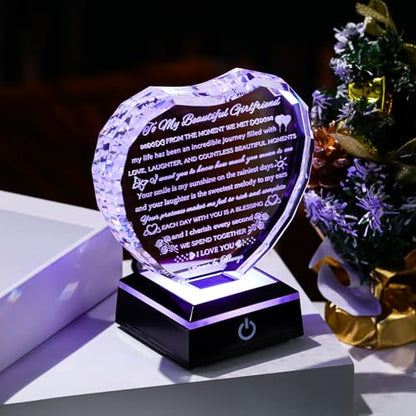 Arikyrist Gifts for Girlfriend with Colorful Base Girlfriend Anniversary Birthday Gifts from Boyfriend Crystal Heart Keepsake to My Girlfriend Romantic I Love You Gifts on Valentine Christmas - style: Girlfriend Gifts + Light Base