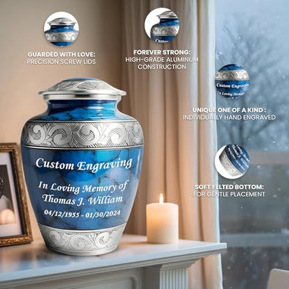 Set of 6 Custom Engraved Cremation Urns for Human Ashes Includes 1 Large Urn with 4 Small Keepsakes & 1 Silver Necklace - Fire Blue - color: Fire Blue Custom Urn Set