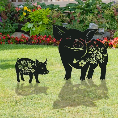 Rngmsi Pig Metal Garden Stakes Yard Decor, 2PCS Black Pig Silhouette Statues Garden Decorative Gifts for Yard Art, Patio, Outside, Lawn Ornaments, Outdoor Yard Art - style: Pig