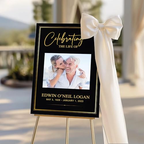 Celebration of Life Funeral Welcome Sign, Memorial Service Poster, In Loving Memory Sign, Editable Printable Template, Black and Gold Celebration of Life Photo Sign - color: Style#15